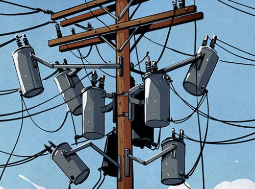 Illustration of a cluttered utility pole with multiple transformers and tangled wires against a blue sky with light clouds.