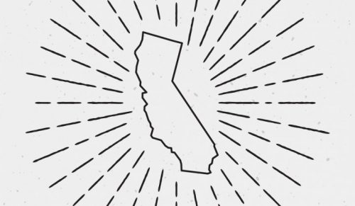 Black and white illustration of california's outline with radiating lines in the background, simulating a burst or glow effect.