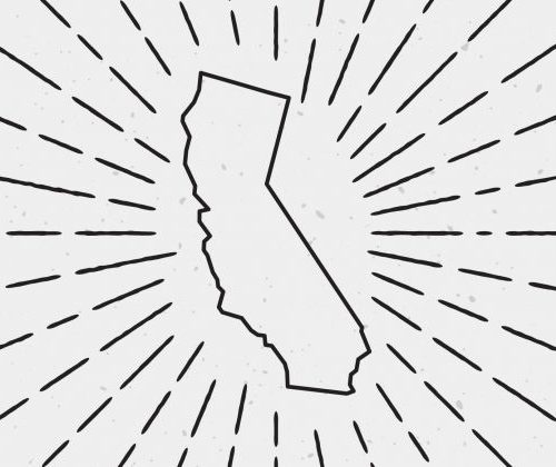 Black and white illustration of california's outline with radiating lines in the background, simulating a burst or glow effect.