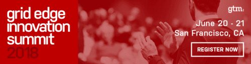 Red promotional banner for the 2018 grid edge innovation summit in san francisco, featuring an image of a speaker addressing an audience.
