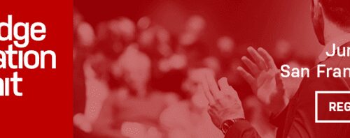 Red promotional banner for the 2018 grid edge innovation summit in san francisco, featuring an image of a speaker addressing an audience.