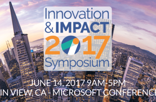 Promotional banner for the innovation & impact symposium 2017 featuring a city skyline at dawn, event details and date.