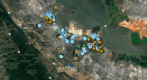Aerial map view of the san francisco bay area with various icons indicating different locations or points of interest.