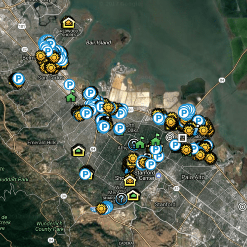 Aerial map view of the san francisco bay area with various icons indicating different locations or points of interest.