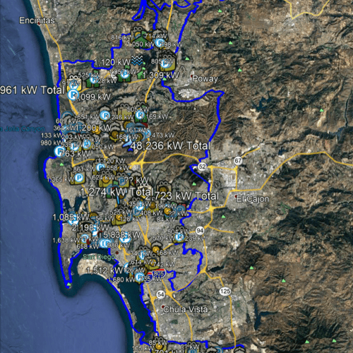 Satellite map showing the san diego area with overlaid blue lines and text annotations indicating various locations and their kilowatt totals.