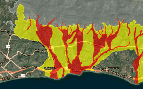 Map showing wildfire risk zones in varying colors of green, yellow, and red near residential areas along a coastline.