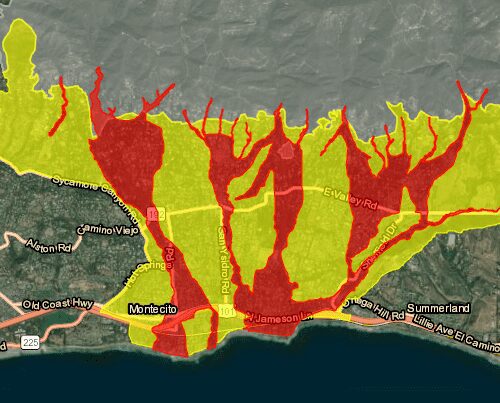 Map showing wildfire risk zones in varying colors of green, yellow, and red near residential areas along a coastline.