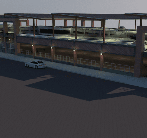 3d rendering of a multi-level parking garage at dusk with several cars parked and exterior lighting on.