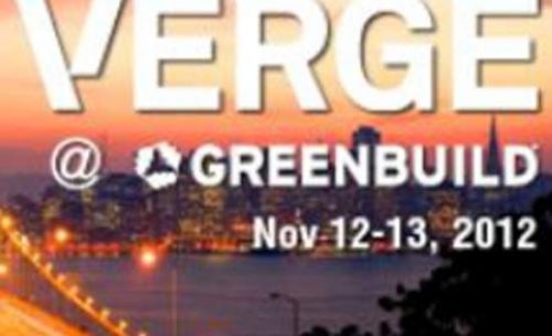 Promotional banner for verge at greenbuild 2012 event, displaying a city skyline at sunset with a date of nov 12-13, 2012.