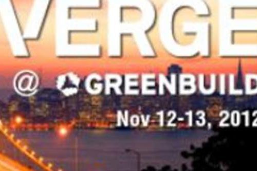Promotional banner for verge at greenbuild 2012 event, displaying a city skyline at sunset with a date of nov 12-13, 2012.