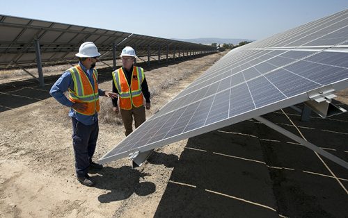 Two engineers in safety vests and hard hats discussing near a large solar panel array in a sunny, open field.