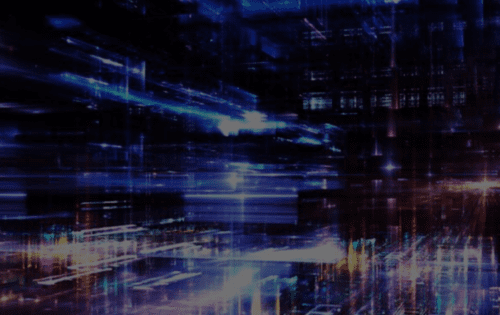 A digital art piece depicting streaks of blue and white light over a dark, abstract cityscape background.