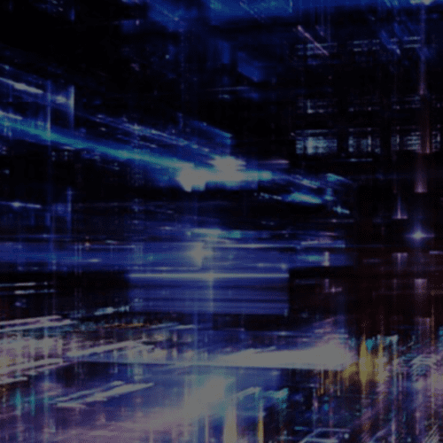 A digital art piece depicting streaks of blue and white light over a dark, abstract cityscape background.
