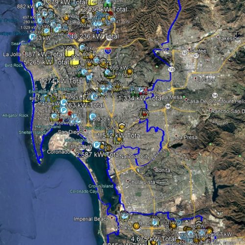 Satellite map of san diego displaying various locations marked with their respective energy consumption measured in kilowatts.