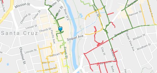Map showing a detailed street layout of santa cruz with various marked routes in red and green.