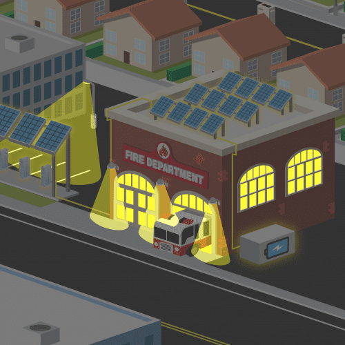 An isometric illustration of a cityscape at night featuring a fire department building with three fire trucks parked inside. nearby buildings have solar panels.