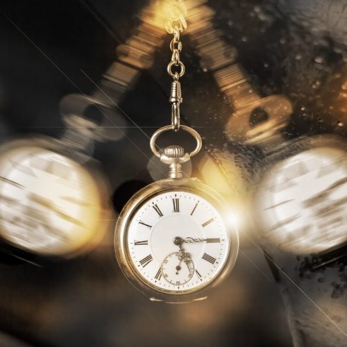 A pocket watch suspended in mid-air with blurred clocks in the background, reflecting a concept of passing time.