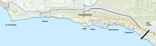 Map showing rail routes near santa barbara, california, highlighting different colored lines alongside geographic landmarks and cities.