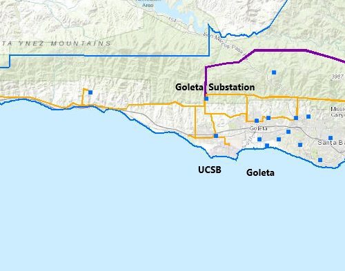Map showing rail routes near santa barbara, california, highlighting different colored lines alongside geographic landmarks and cities.