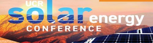 Promotional banner for ucr solar energy conference featuring a mountain landscape at sunrise behind solar panels and large conference text overlay.