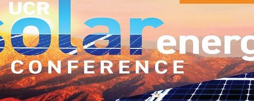 Promotional banner for ucr solar energy conference featuring a mountain landscape at sunrise behind solar panels and large conference text overlay.