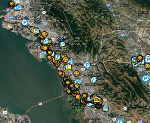 Satellite map showing various icons denoting points of interest around the san francisco bay area.