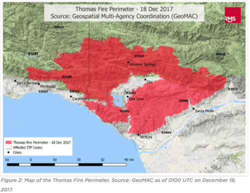 Map showing the thomas fire perimeter in red, with affected zip codes and cities labeled, as of december 18, 2017.