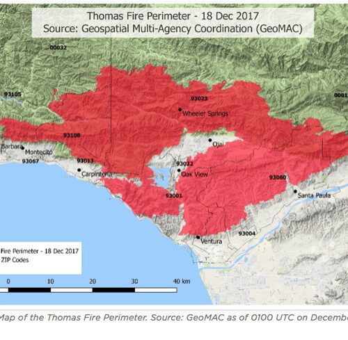 Map showing the thomas fire perimeter in red, with affected zip codes and cities labeled, as of december 18, 2017.