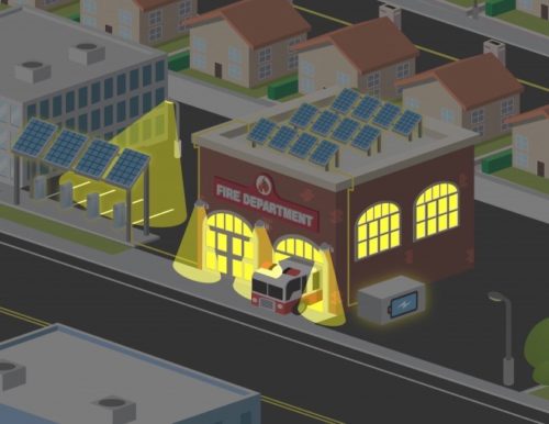 Illustration of a fire station with solar panels on the roof, part of a community microgrid, featuring a fire truck exiting, and adjacent buildings in an urban setting at night.