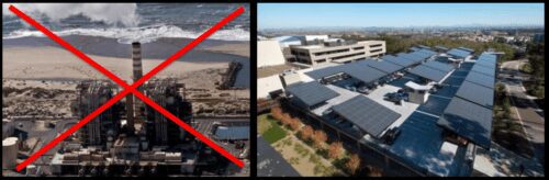 Left: aerial view of a coastal power plant with a red 