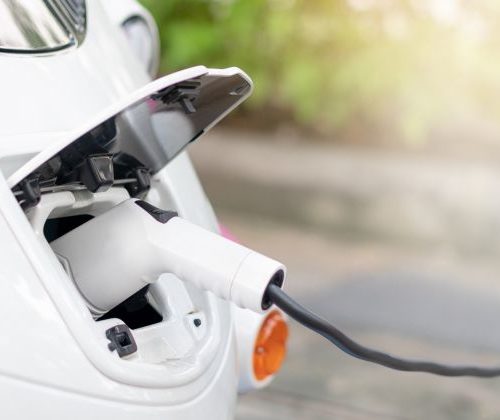 Electric vehicle being charged with a power cable connected to an open charging port on a white car, blurred green foliage in the background.
