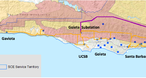Map of santa barbara area showing regions with fire threat levels and electrical infrastructure, with goleta substation and local towns labeled.
