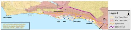 Map showing fire threat levels and power circuit zones near santa barbara, with areas color-coded by threat tier and circuit voltages.