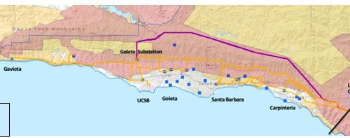 Map showing fire threat levels and power circuit zones near santa barbara, with areas color-coded by threat tier and circuit voltages.