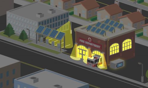 Illustration of a fire department with emergency vehicles, solar panels on the roof, and an adjacent yellow playground, set in a small town layout.