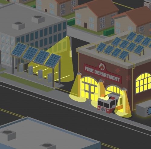 Illustration of a fire department with emergency vehicles, solar panels on the roof, and an adjacent yellow playground, set in a small town layout.