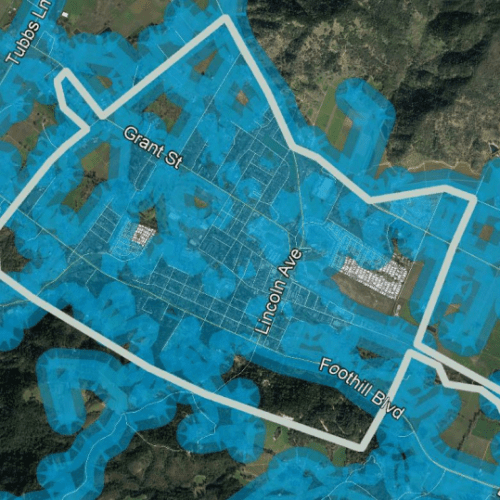 Satellite map showing a highlighted area within blue boundaries, overlaying streets and buildings in a suburban layout. streets labeled include grant st. and foothill blvd.