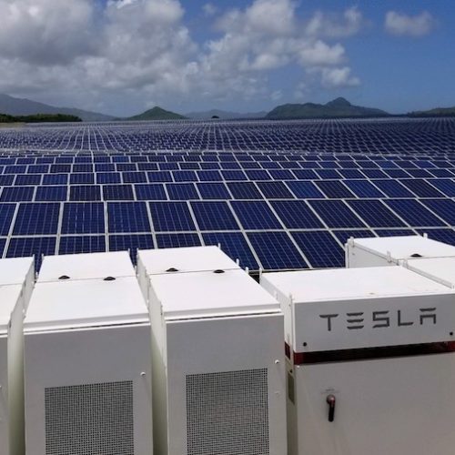 A large solar panel array in a coastal landscape with mountains in the background, accompanied by multiple tesla battery storage units in the foreground.