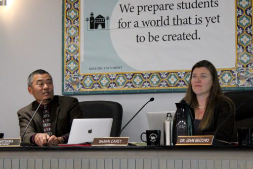 Two school board members, one asian man and one caucasian woman, sitting at a desk during a meeting, with a mission statement on the wall behind them.