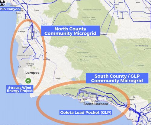 Map showing north county and south county community microgrids in relation to diablo canyon and strauss wind energy project locations.