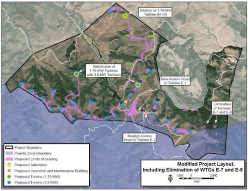 Satellite map showing a modified project layout with marked boundaries, proposed turbines, and roads for a wind farm development. key sites are labeled for clarity.