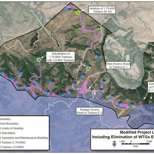 Satellite map showing a modified project layout with marked boundaries, proposed turbines, and roads for a wind farm development. key sites are labeled for clarity.