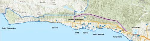 Map showing various routes near goleta and santa barbara with labeled locations and geographic features.