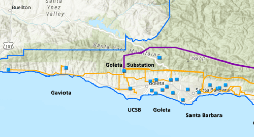 Map showing various routes near goleta and santa barbara with labeled locations and geographic features.