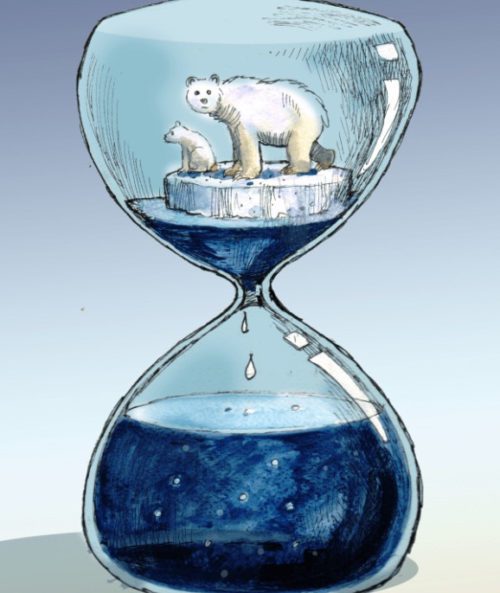 Illustration of an hourglass with a melting ice floe and a polar bear on top, symbolizing climate change and its impact on arctic wildlife.
