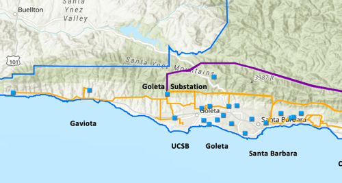 Map showing various transport routes in the santa barbara area with landmarks like ucsb and towns including goleta and carpinteria.
