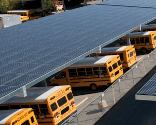 Yellow school buses parked under a large solar panel canopy in a sunny parking lot.