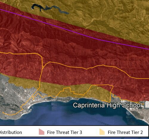 A map of the fire threat level for capistrina high school.