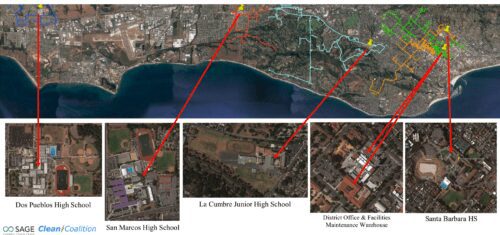 Aerial map showing multiple school microgrid sites