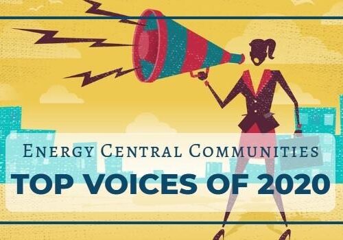 A woman holding a megaphone with the words energy central communities top voices of 2 0 1 9 written above her.